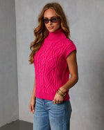 Hot Pink % Estellie Cable Knit Sleeveless Turtleneck Sweater-3