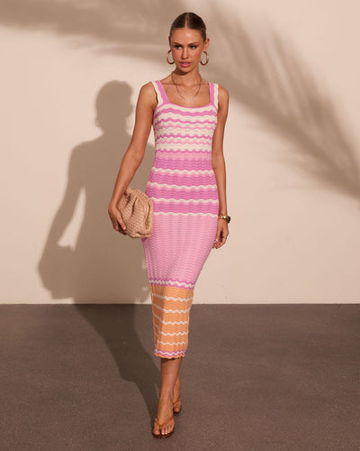 chevron pink dress 1980s Seersucker Midi Dress: Pink Chevron Stripe Open Back