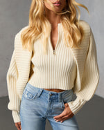 Cream % Dreamlight Ribbed Quarter Zip Top And Dolman Cardigan Set-5
