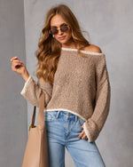 Mocha % Whisper Frost Knit Contrast Trim Sweater-6