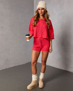 Coral % Noon Nap Crop Cable Knit Sweater-2