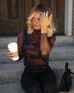 Faded Rose Floral Mesh Mock Neck Top