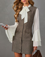 Zilla Bow Sleeve Herringbone Neck Tie Mini Dress