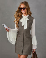 Zilla Bow Sleeve Herringbone Neck Tie Mini Dress
