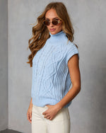 Powder Blue % Estellie Cable Knit Sleeveless Turtleneck Sweater-3