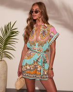 Golden Toast Paisley Linen Blend Waist Tie Romper