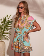 Golden Toast Paisley Linen Blend Waist Tie Romper
