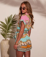 Golden Toast Paisley Linen Blend Waist Tie Romper