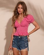 Kennah Gingham Puff Sleeve Peplum Hem Top