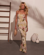 Jodie Printed Strapless Satin Midi Dress
