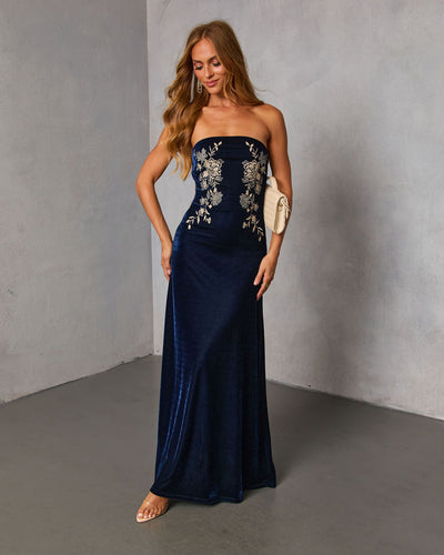 Wild Grace Velvet Embroidered Maxi Dress in Navy - Size Large, VICI Wild Grace Velvet Embroidered Maxi Dress in Navy - Size Large, VICI