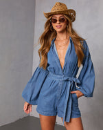 Denim % Apple Picking Denim Balloon Sleeve Romper-5