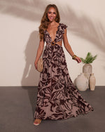 Sand Multi % Carlita Ruffle Printed Cutout Maxi Dress-6