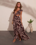 Sand Multi % Carlita Ruffle Printed Cutout Maxi Dress-3