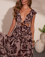 Sand Multi % Carlita Ruffle Printed Cutout Maxi Dress-2