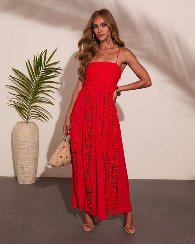Coastal Elegance Cotton Crochet Maxi Dress Coral / XS