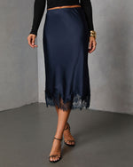Dark Navy % Oleandra Satin Lace Trim Midi Skirt-3