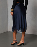 Dark Navy % Oleandra Satin Lace Trim Midi Skirt-4