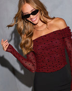 Serah Off The Shoulder Flocked Polka Dot Top