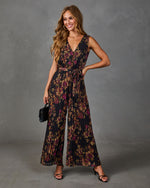 Shadowed Garden Floral Waist Tie Jumpsuit