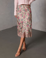 Pink Floral % Oleandra Satin Lace Trim Midi Skirt-5