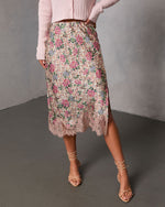 Pink Floral % Oleandra Satin Lace Trim Midi Skirt-2