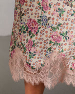 Pink Floral % Oleandra Satin Lace Trim Midi Skirt-6