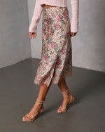 Pink Floral % Oleandra Satin Lace Trim Midi Skirt-3
