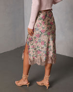 Pink Floral % Oleandra Satin Lace Trim Midi Skirt-4