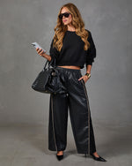 Lucca Vegan Leather Contrast Trim Wide Leg Pants