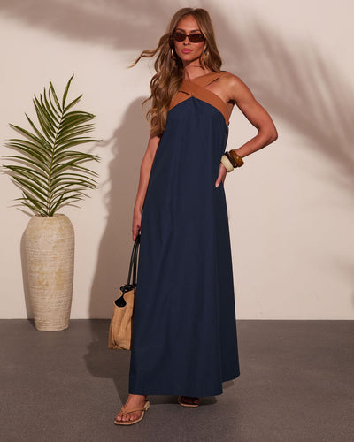 Barefoot Belle Cotton Contrast Halter Neck Maxi Dress in Blue