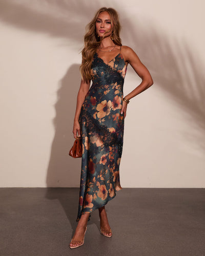 Rominah Satin Floral Asymmetric Lace Trim Maxi Dress – VICI