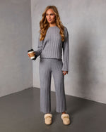 Heather Grey % Homebody Hour Ribbed Knit Flare Leg Pants-5