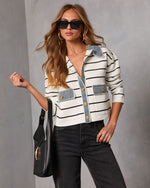 Day Off Knit Striped Denim Trim Top