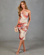 Slow Burn Abstract Print Mesh Halter Neck Midi Dress