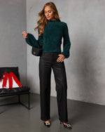 Hunter Green % Snow Daze Mock Neck Fuzzy Knit Sweater-2