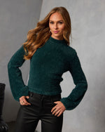 Hunter Green % Snow Daze Mock Neck Fuzzy Knit Sweater-1