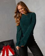 Hunter Green % Snow Daze Mock Neck Fuzzy Knit Sweater-6