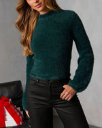 Hunter Green % Snow Daze Mock Neck Fuzzy Knit Sweater-5