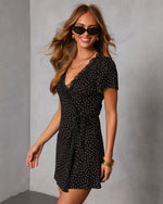 Synde Polka Dot Lace Trim Wrap Mini Dress