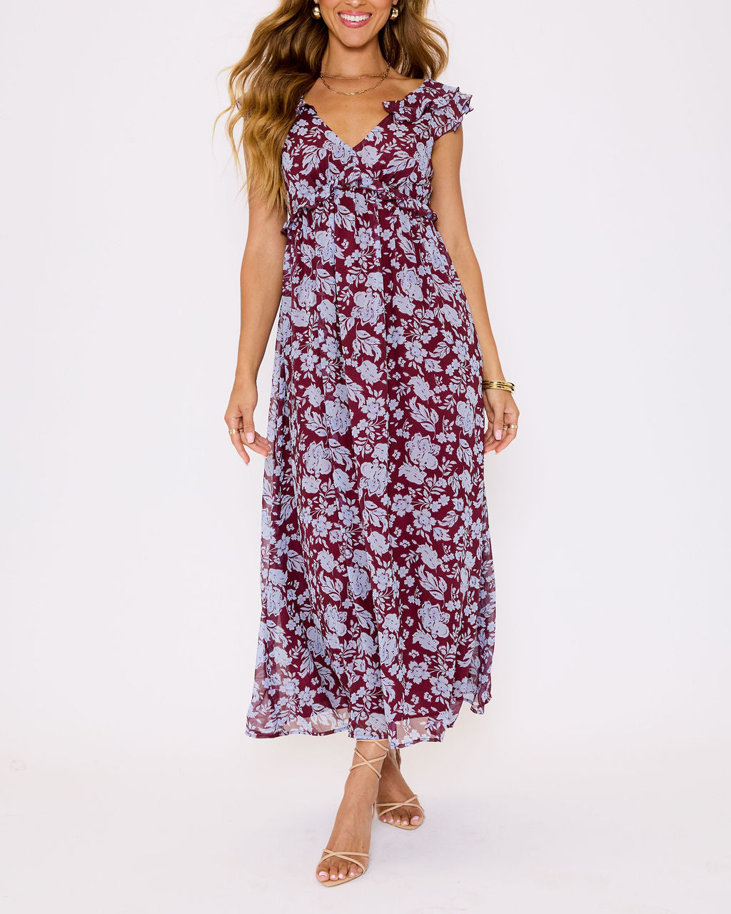 burgundy maxi dress floral Enchanting Floral Ruffle Maxi Dress in Burgundy/Blue Floral