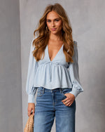 Velda Front Tie V Neck Peplum Top