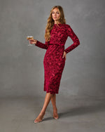 Invitation Pending Belted Floral Velvet Lace Cut Out Midi Dress