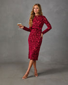 Invitation Pending Belted Floral Velvet Lace Cut Out Midi Dress