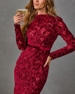 Invitation Pending Belted Floral Velvet Lace Cut Out Midi Dress