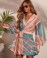 Slow Tide Striped Color Block Wrap Tie Mini Shirt Dress
