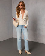 White % Soft Glow Ribbed Wrap Tie Sweater-2