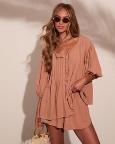 Market Sunrise Pleated Linen Blend Neck Tie Top