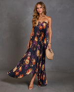 Adrenia Pleated Floral Print Satin Maxi Dress