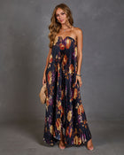 Adrenia Pleated Floral Print Satin Maxi Dress
